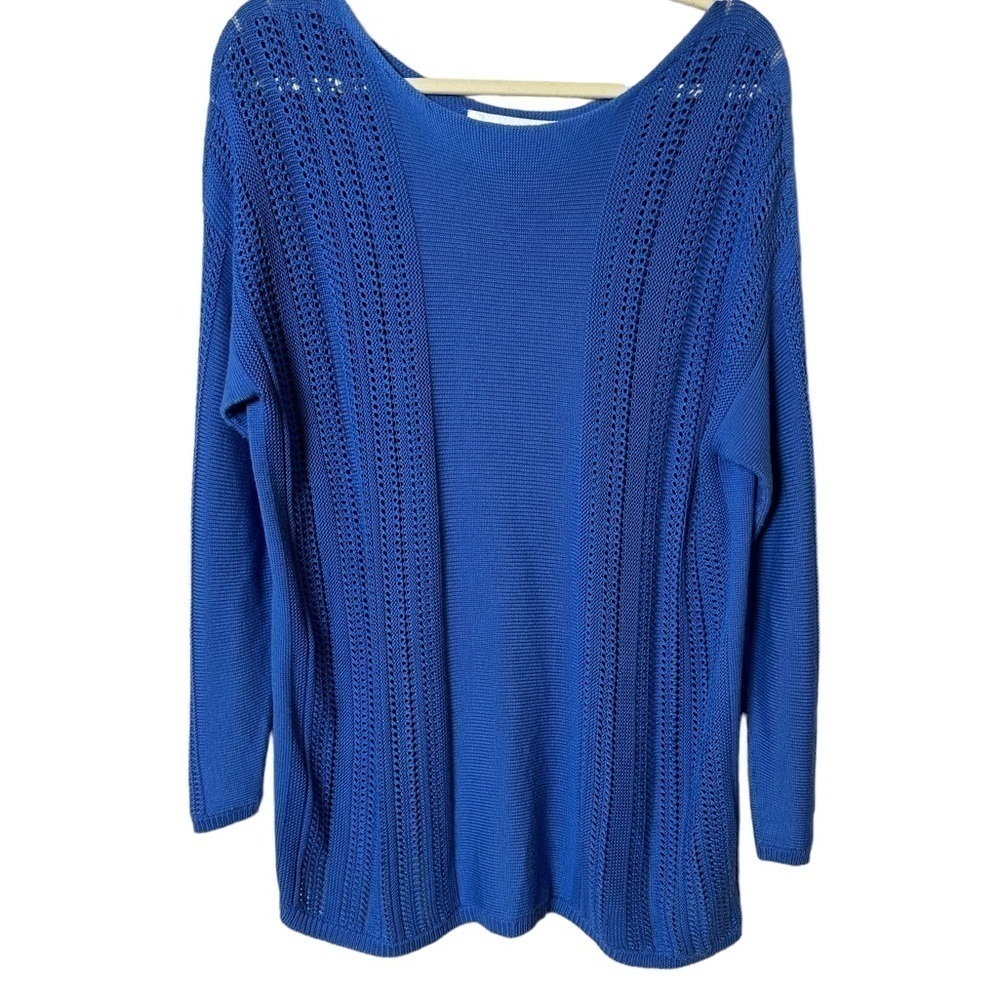 Lafayette 148 New York Blue Wide Boat Neck Crochet Mesh Knit Pullover‎ Sweater L - Picture 5 of 8